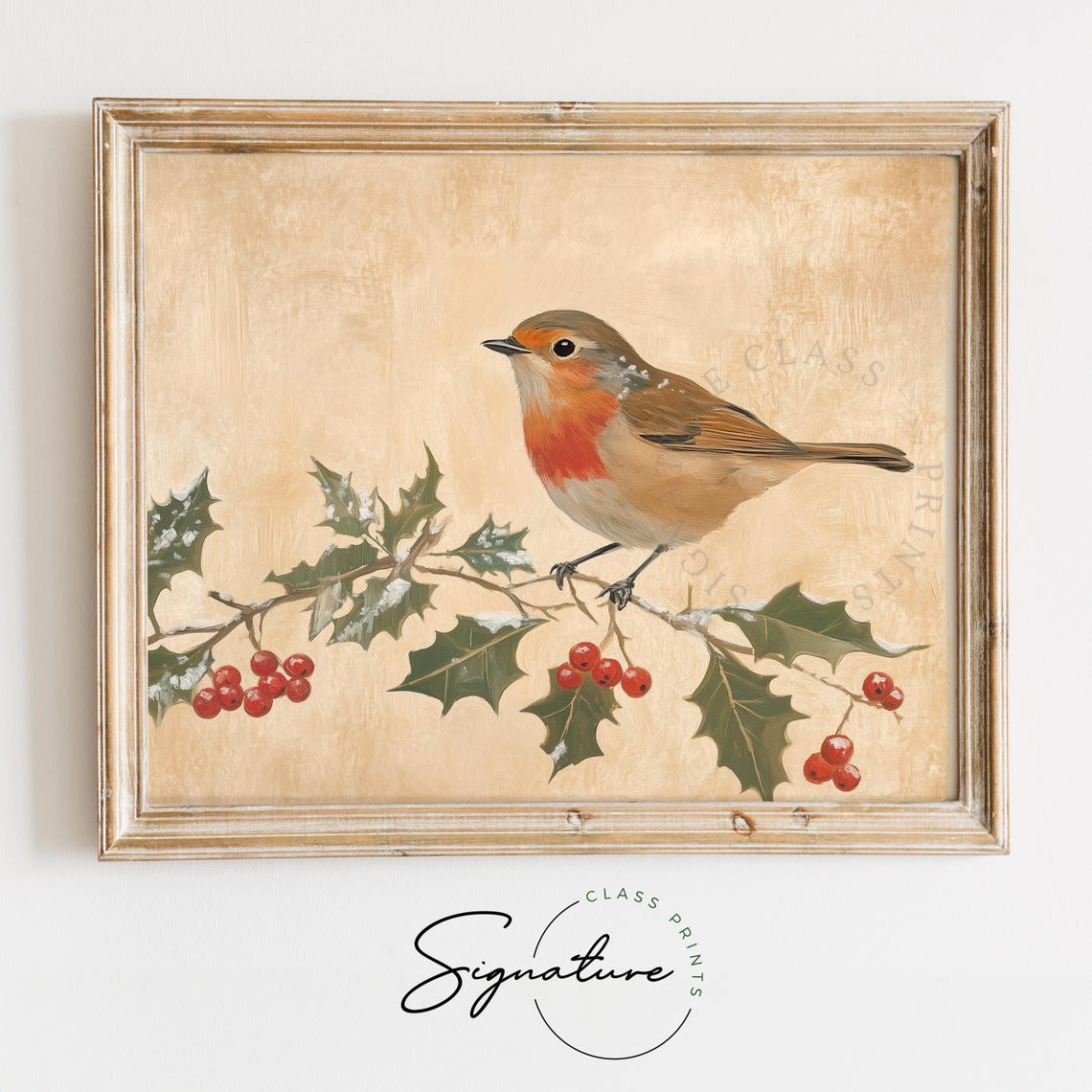 Sweet Robin With Holly And Snowberries Vintage Winter Bird Print