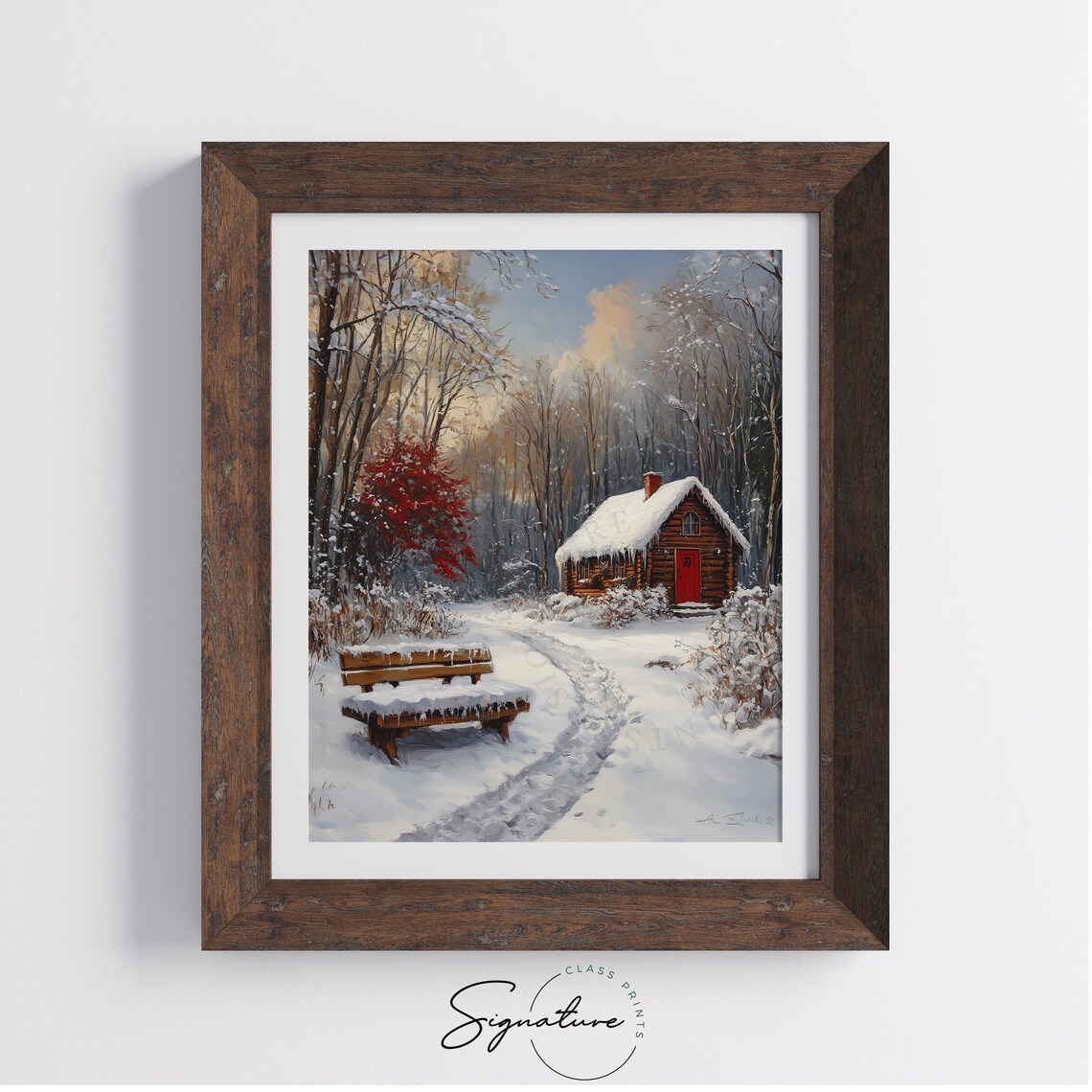 Red Log Cabin in Snowy Woods with Wooden Bench Winter Scene Poster - Image 3