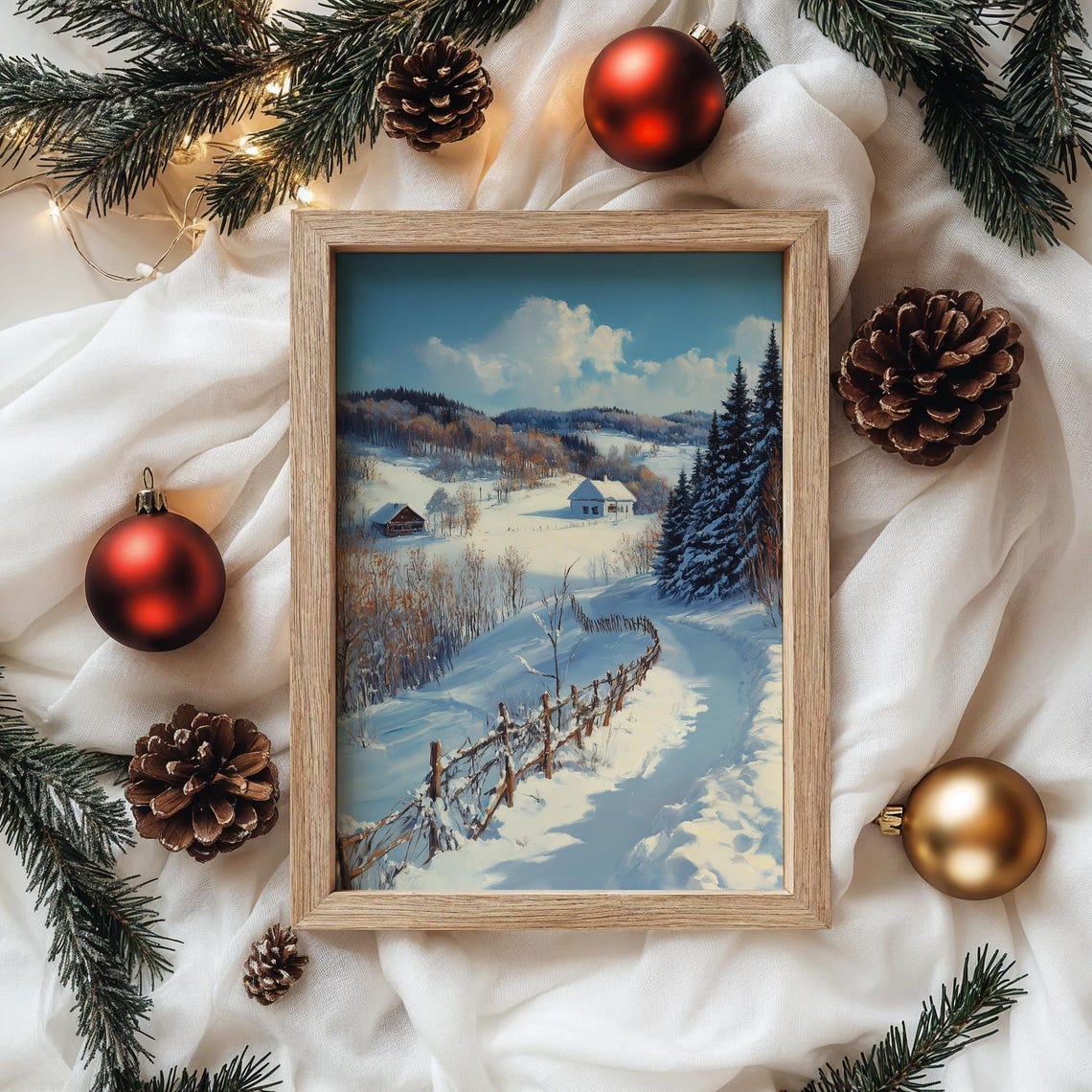 Snowy Hillside Cabin With Rustic Fence Under Winter Blue Sky Poster - Image 4