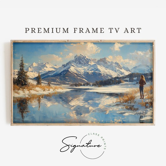 Mountain Range Winter Snow Tv Art Landscape Frame Tv Art Rustic Nature Painting Deep Colors Moody Wall Decor 3417