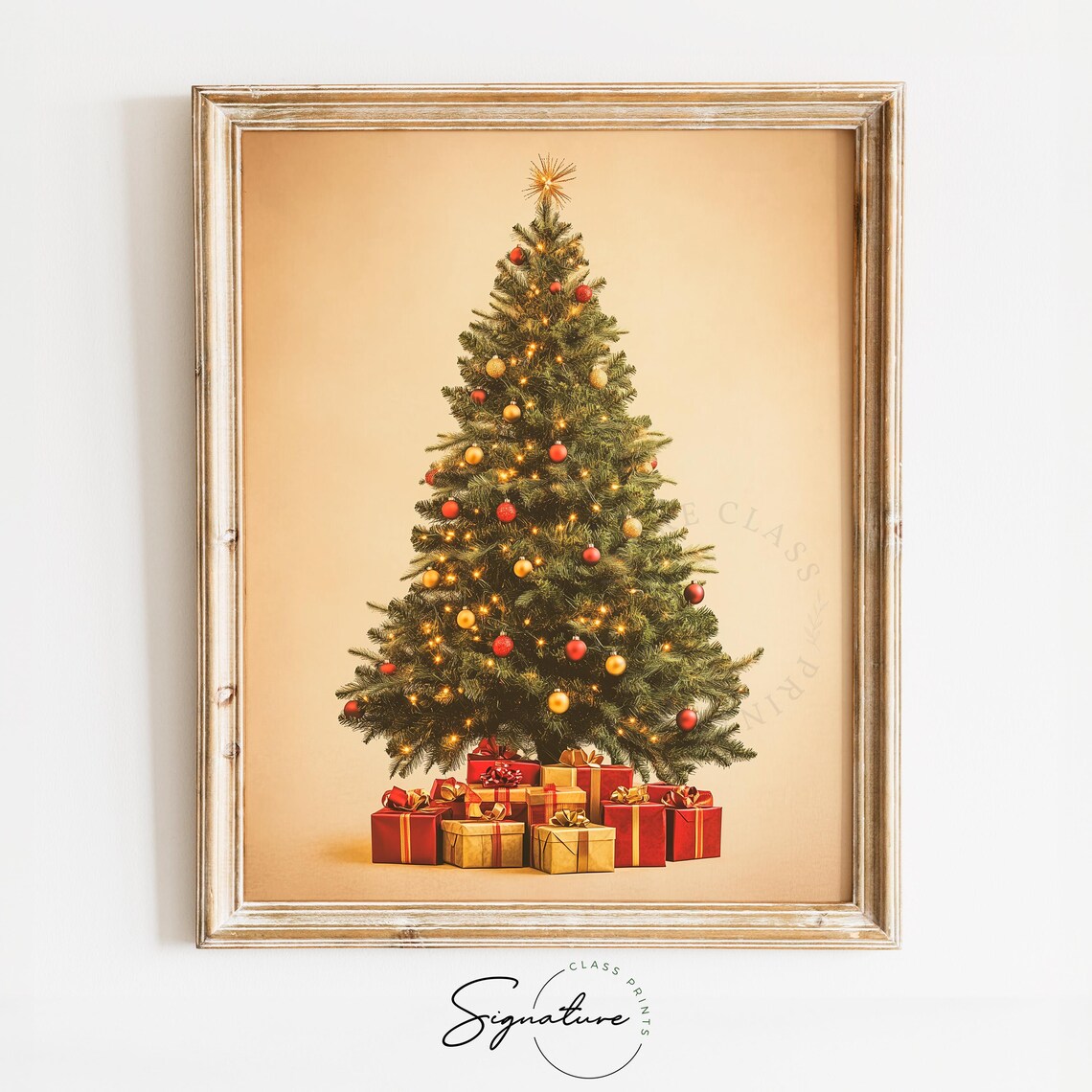 Vintage Christmas Tree With Gifts Warm Retro Holiday Painting Poster