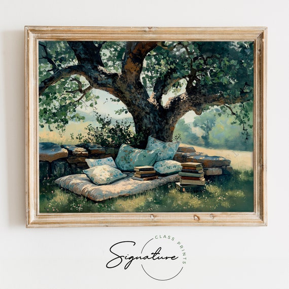 Reading Nook Art Vintage Tree Shade Landscape Peaceful Garden Retreat Print Cozy Outdoor Reading Spot 587