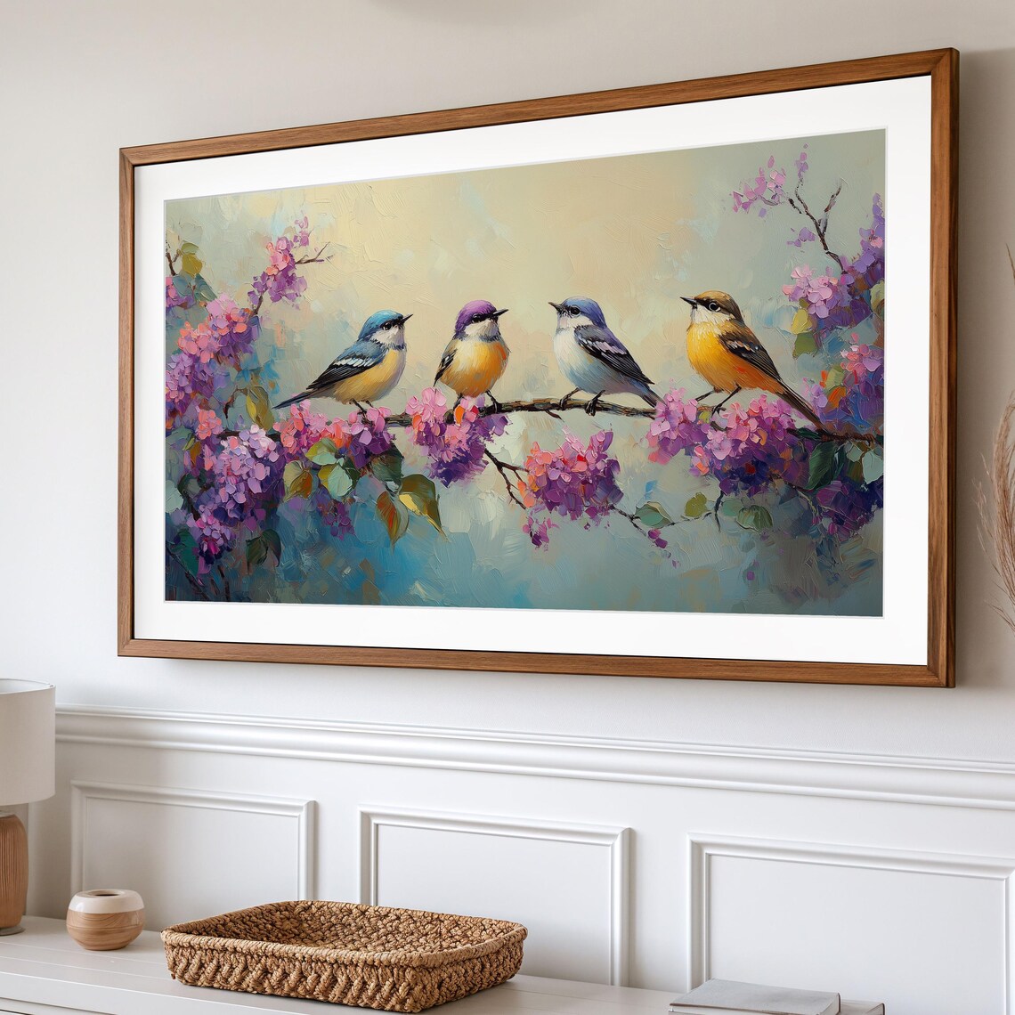 Colorful Warbler Birds Blooming Branch Spring Songbirds Purple Flowers Poster - Image 2