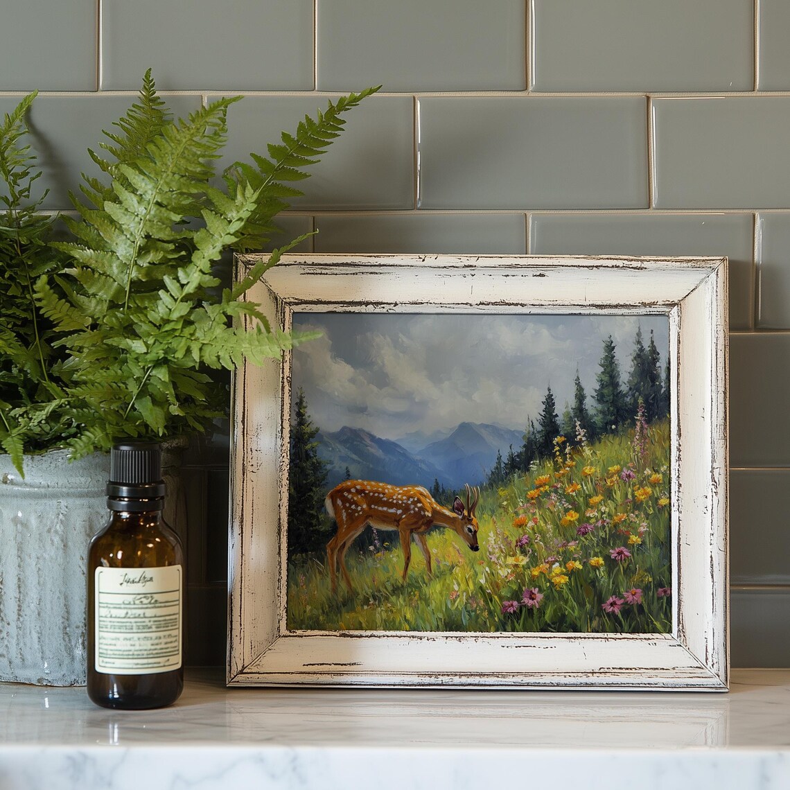 Spotted Deer Grazing Mountain Wildflower Meadow Summer Art Print - Image 4