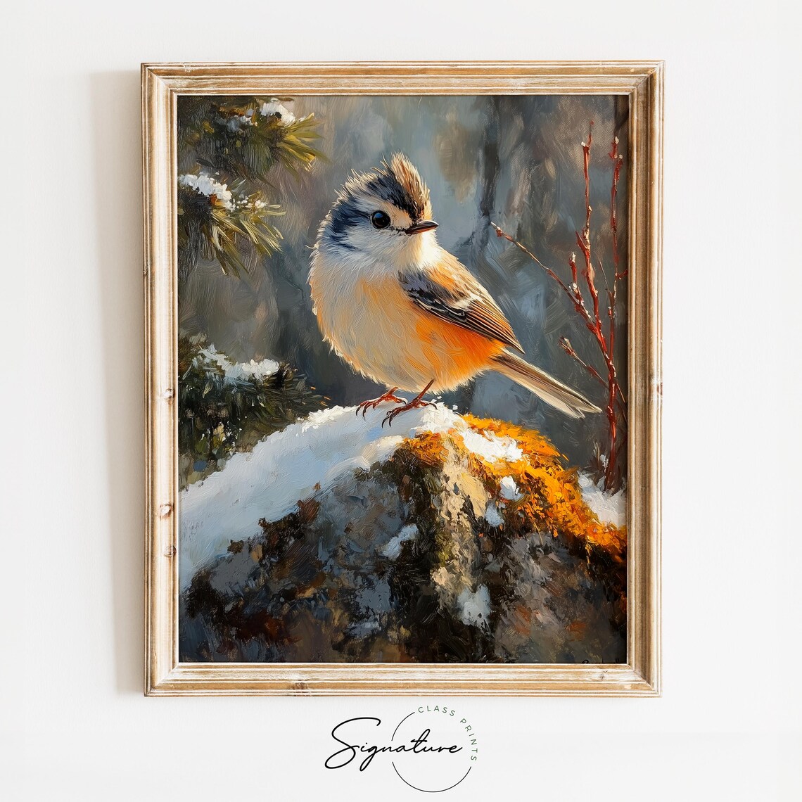 Small Crested Bird on Snowy Rock Winter Wildlife Oil Painting Print