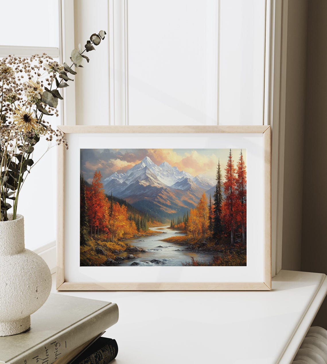 Autumn Mountain River Valley Snow Peaks Oil Painting Landscape Poster - Image 6