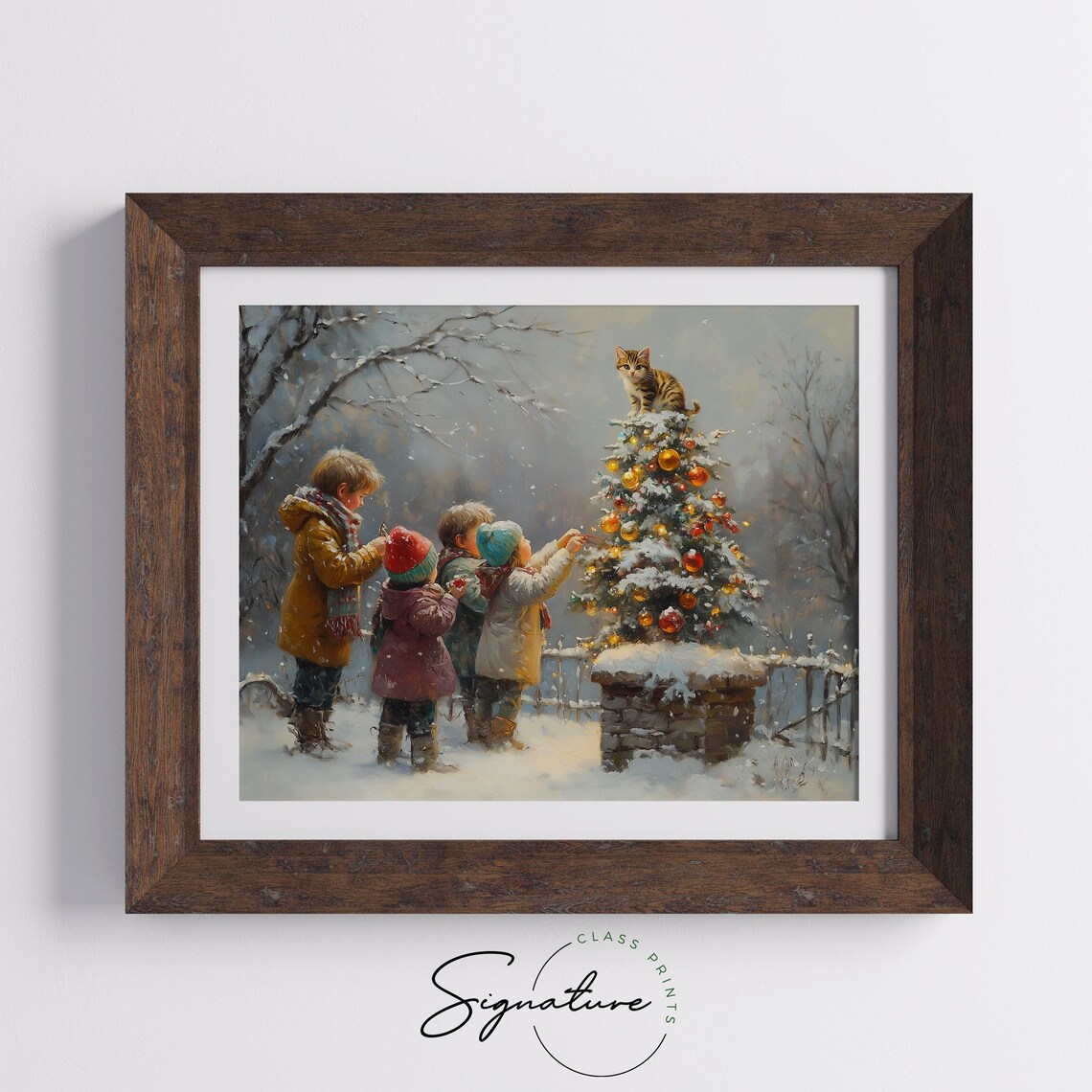 Children Decorating A Snowy Outdoor Christmas Tree With Kitten Poster - Image 5