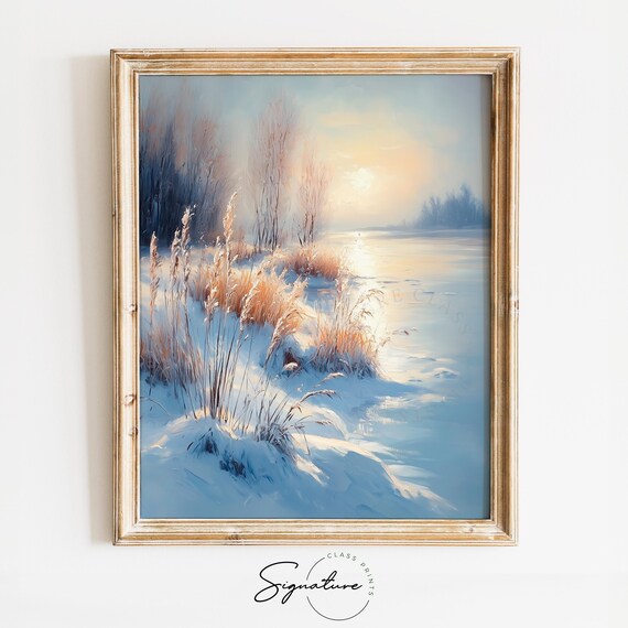Serene Frosty Meadow Golden Reeds Sunrise Winter Landscape Poster