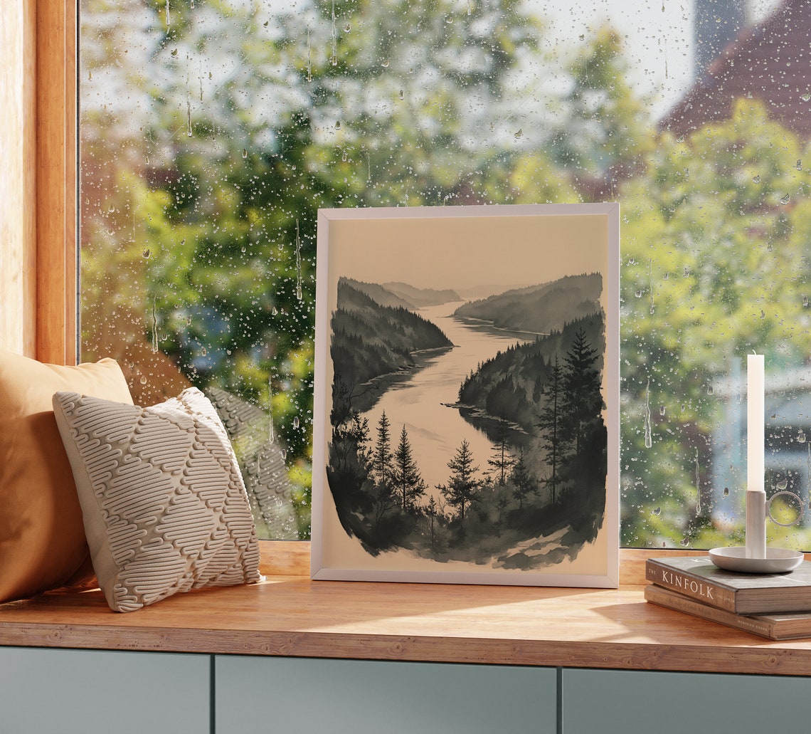Curving River Through Deep Forested Valley Monochrome Ink Poster - Image 2