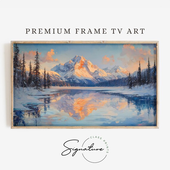 Snowy Mountain Landscape Tv Art Winter Scene Frame Tv Art Nature Painting Deep Colors Rustic Moody Wall Decor 3418