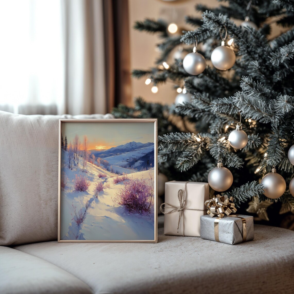 Pastel Sunrise Over Snowy Hills with Pink Bushes Winter Poster - Image 5