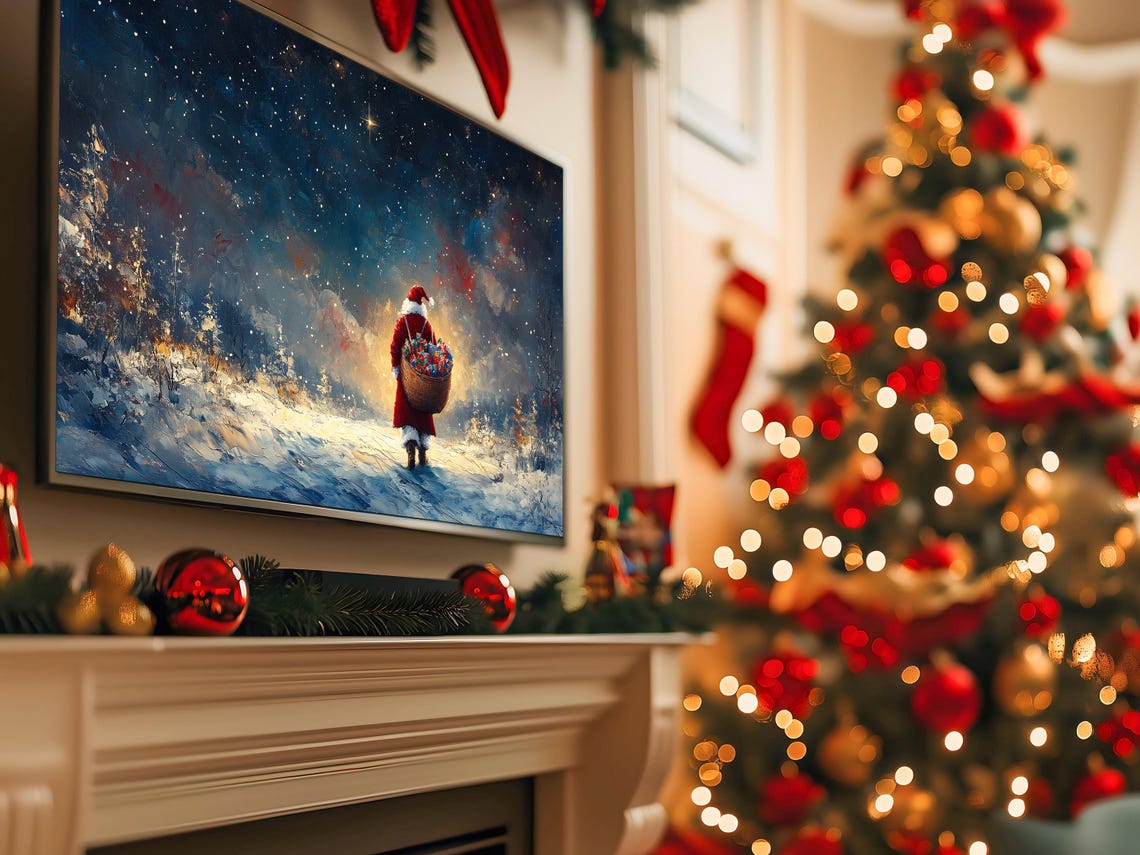 Santa Claus Carrying Sack Of Toys Winter Frame Tv Art Starlit Night Christmas Scene Vintage Holiday Tv Art Festive Christmas Decor 2328 - Image 5