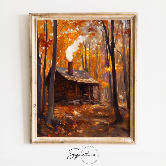 Smoky Chimney Log Cabin Autumn Forest Woodland Retreat Poster