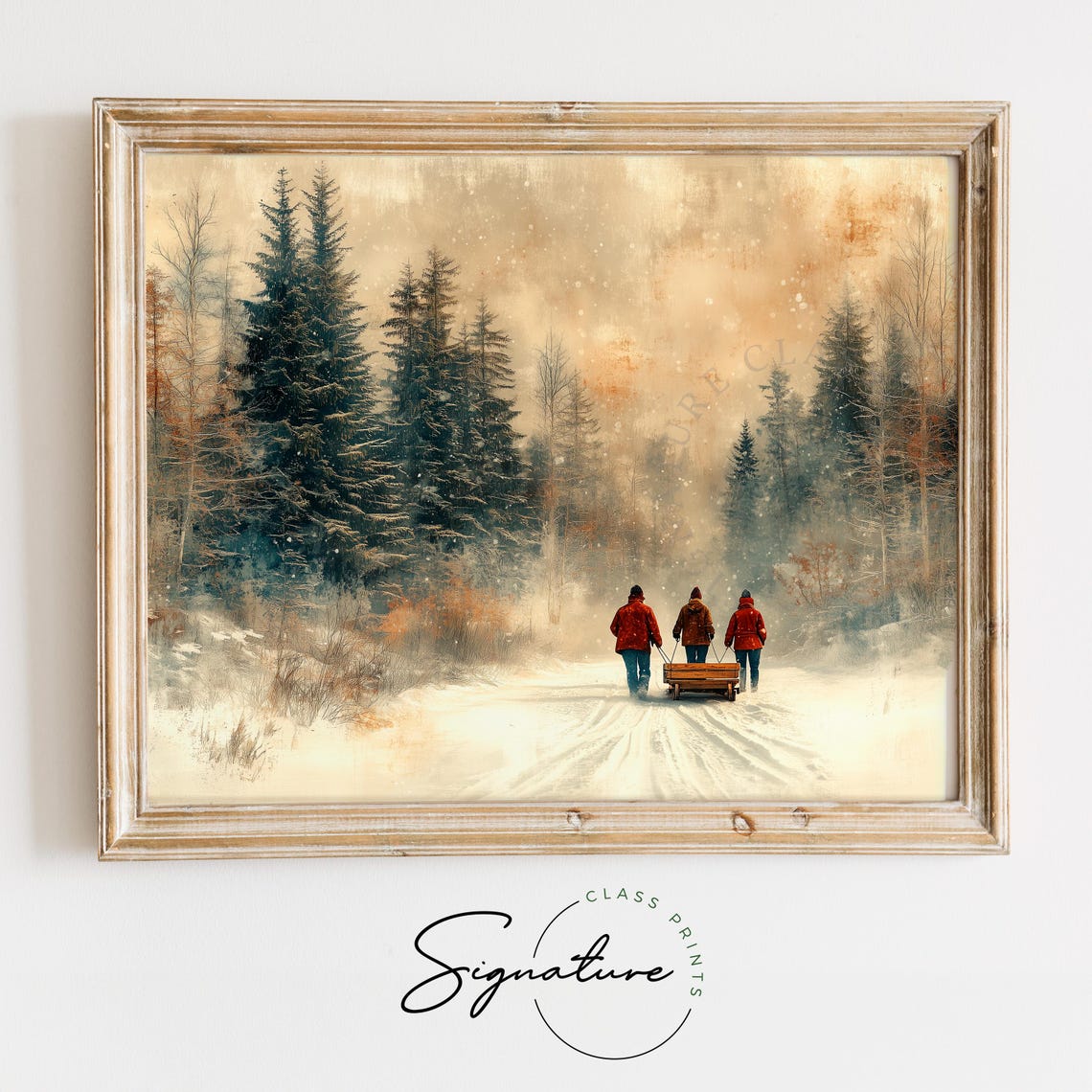Friends Pulling A Sled Through A Snowy Vintage Forest Poster