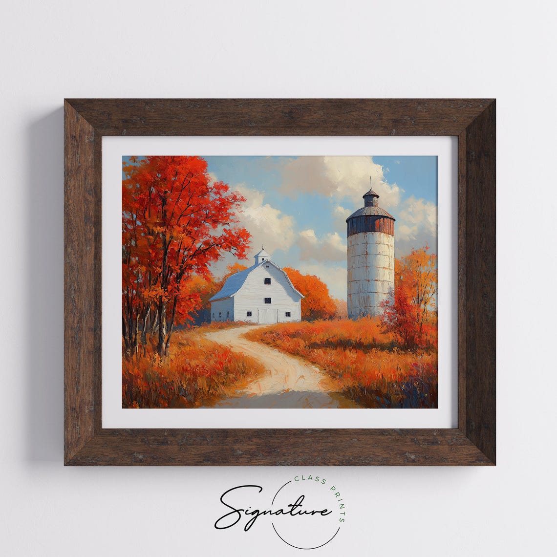 White Barn And Silo Surrounded By Fiery Red Autumn Trees Poster - Image 5