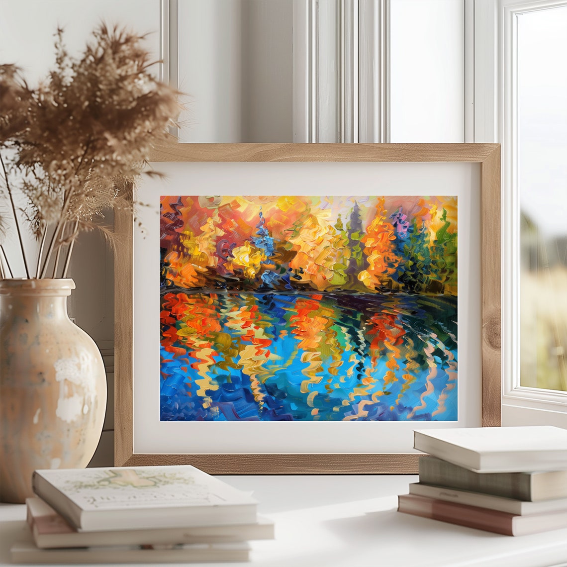 Fiery Autumn Trees Reflected In Deep Blue Lake Impasto Oil Poster - Image 2