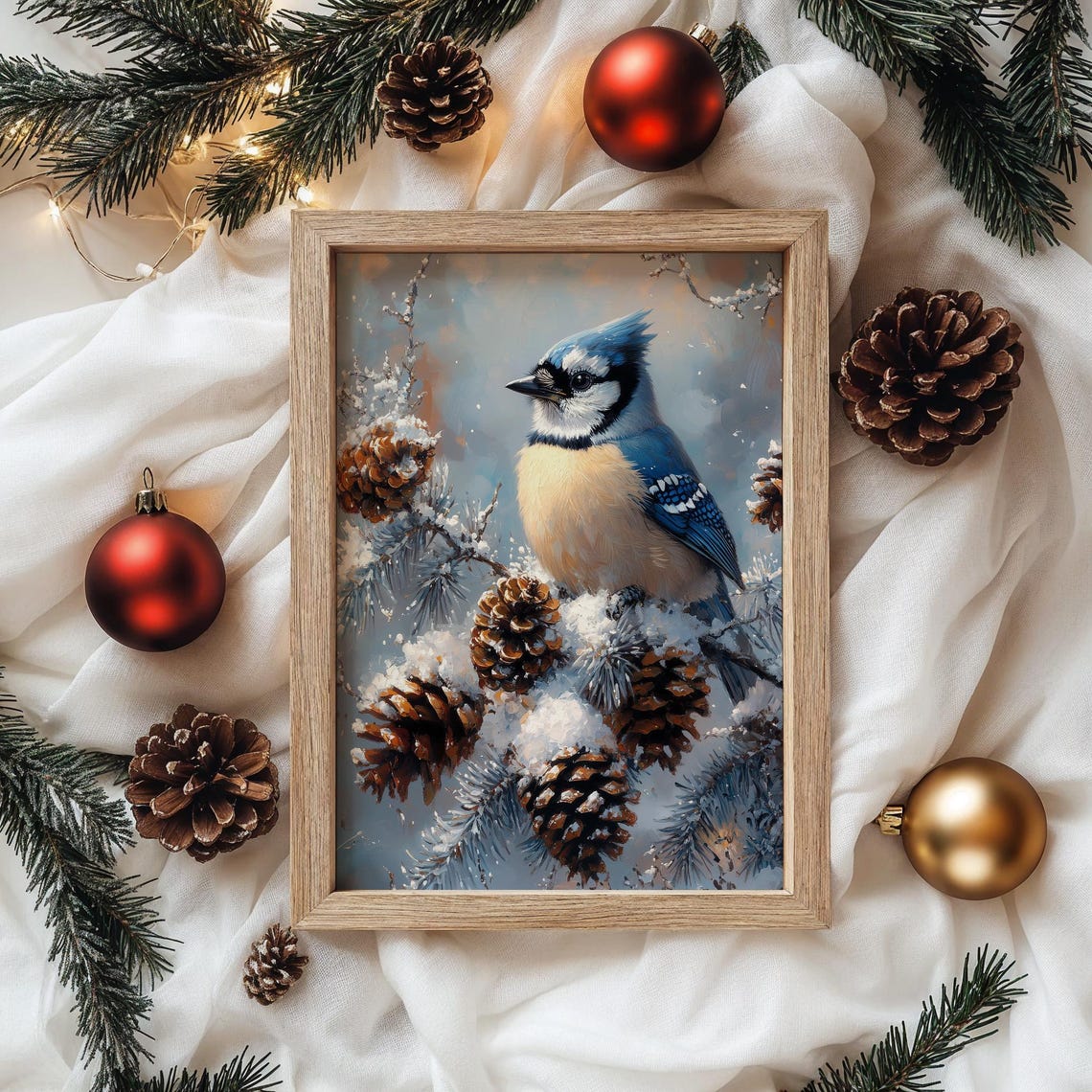 Blue Jay Among Snow Dusted Pinecones Winter Bird Painting Poster - Image 4