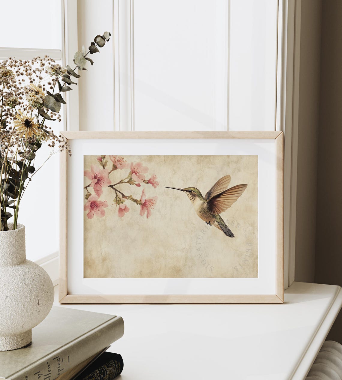 Hummingbird Near Pink Cherry Blossoms Vintage Parchment Poster - Image 4
