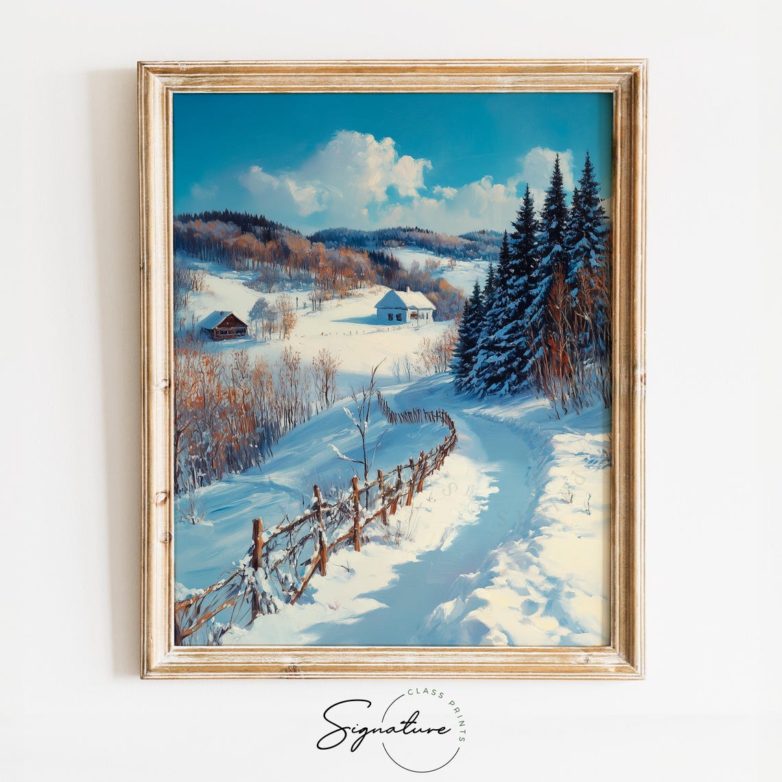 Snowy Hillside Cabin With Rustic Fence Under Winter Blue Sky Poster