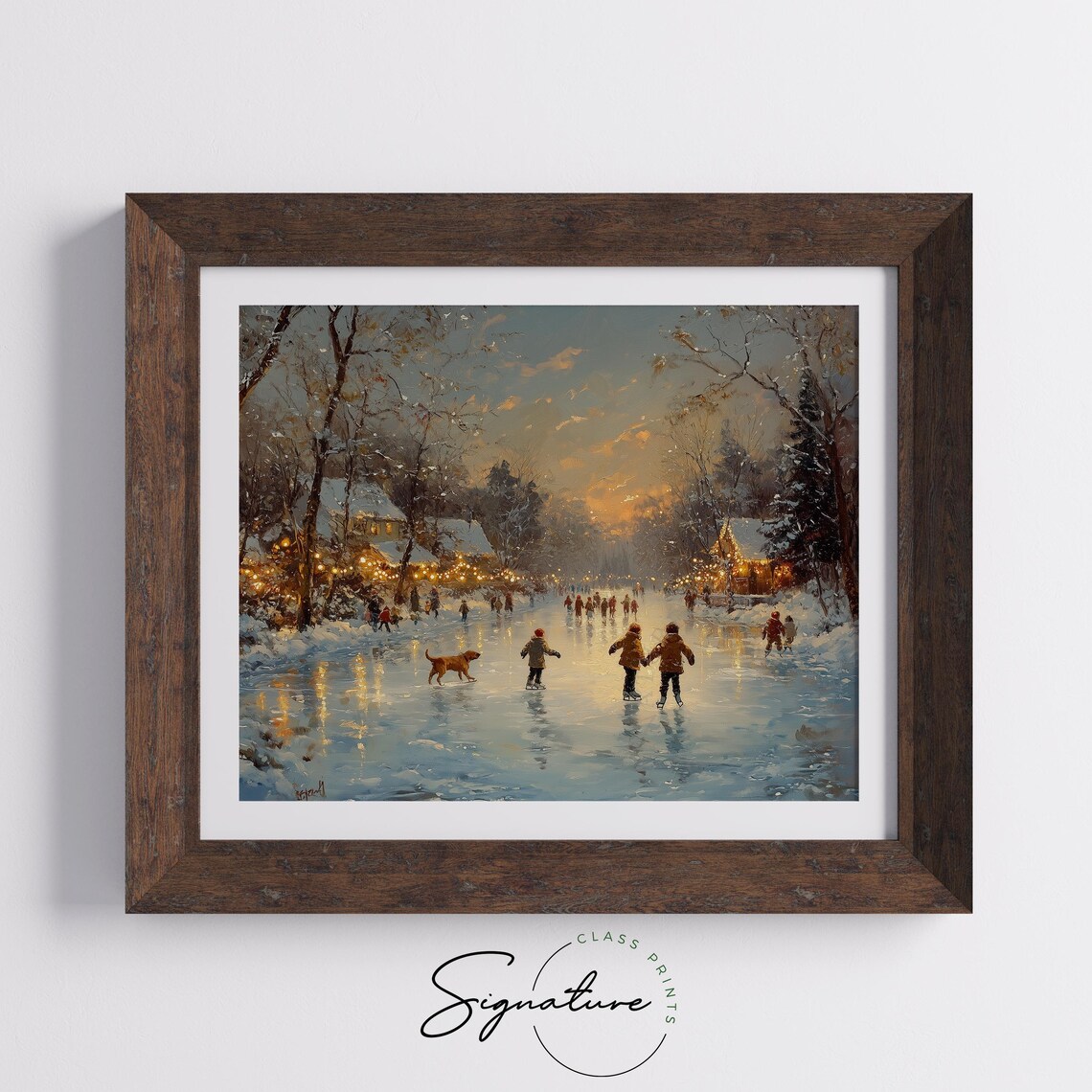 Children Ice Skating on a Frozen Pond in a Snowy Village Sunset Poster - Image 5