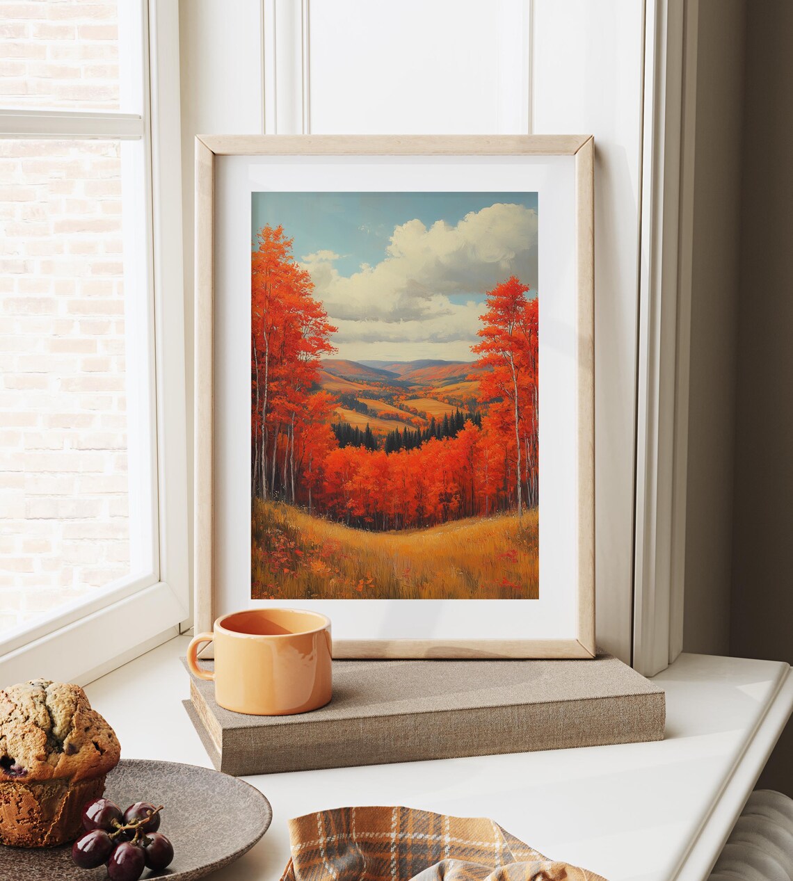 Red Birch Forest Framing Sweeping Autumn Valley and Distant Hills Wall Art - Image 6