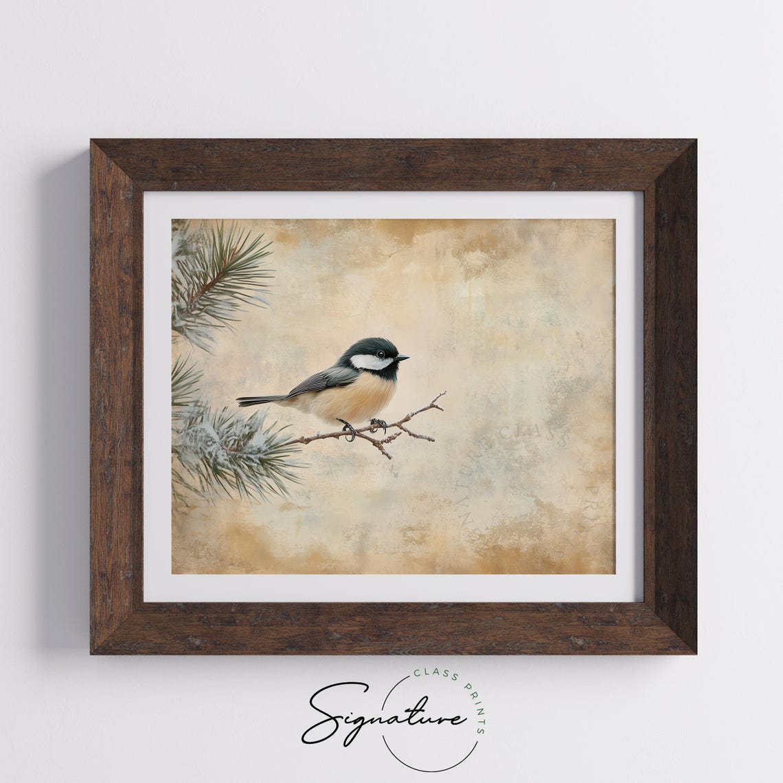Chickadee On Frosted Pine Branch Warm Vintage Winter Bird Wall Art - Image 5