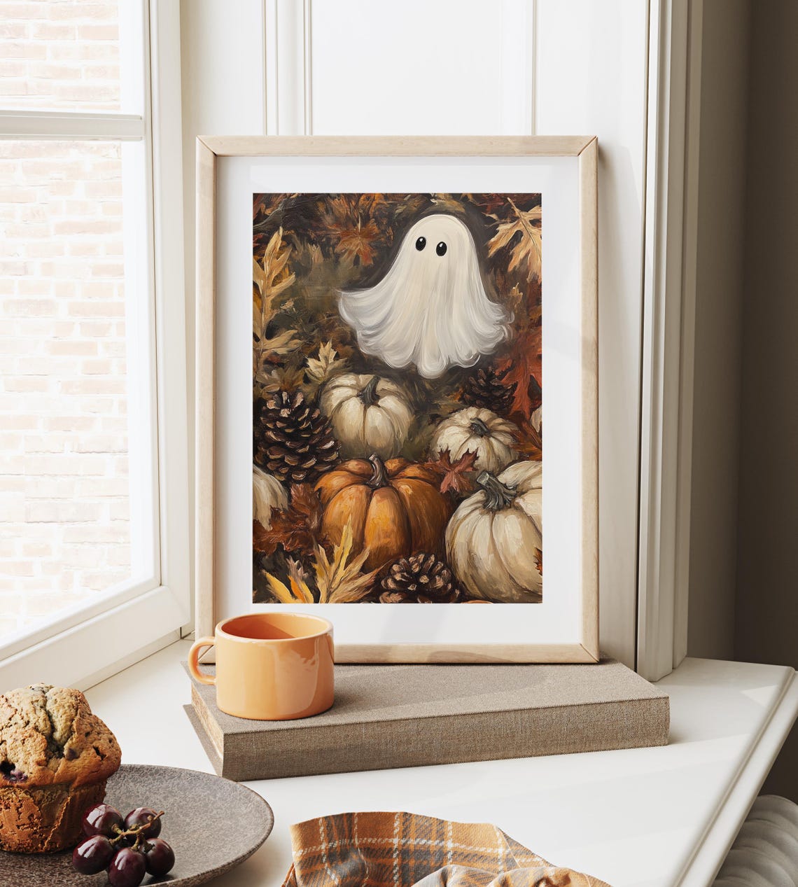 Happy Ghost Surrounded by Pumpkins Pinecones and Fall Leaves Poster - Image 6