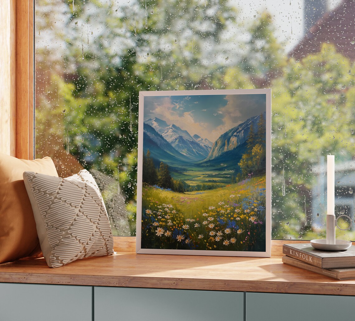 Alpine Meadow Of Daisies Beneath Snowy Peaks Spring Art Poster - Image 2