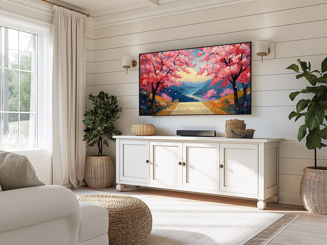 Cherry Blossom Path Overlooking Mountain Lake Impasto Art Poster - Image 3