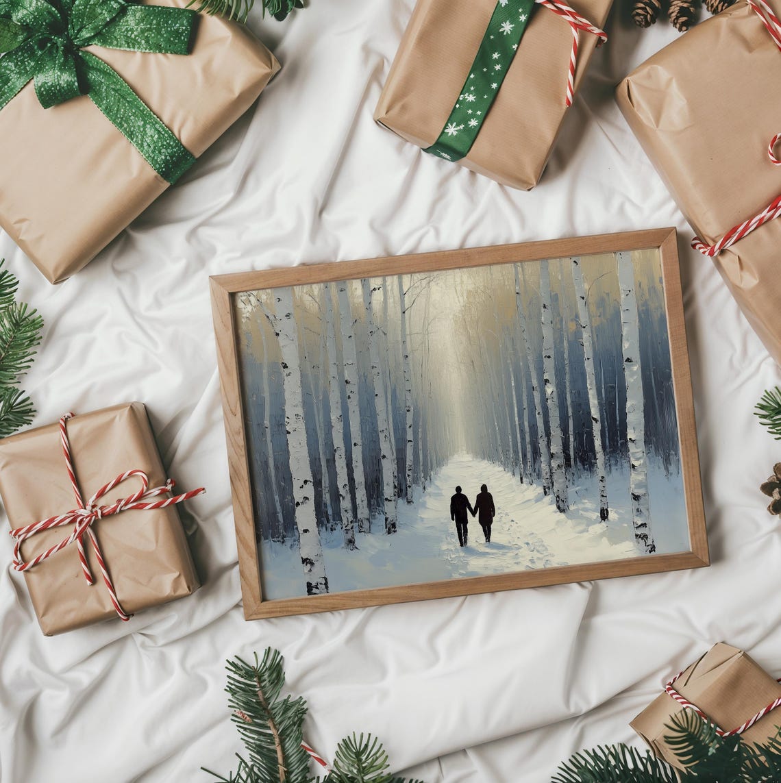 Couple Holding Hands on Snowy Birch Forest Path Romantic Art Poster - Image 2