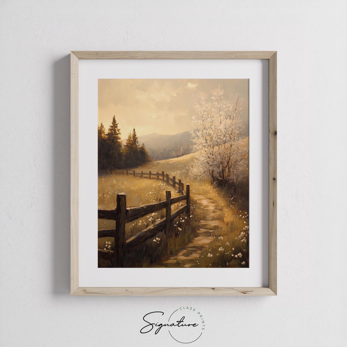 Rustic Fence On Gentle Hillside White Blossom Tree Golden Light Poster - Image 2