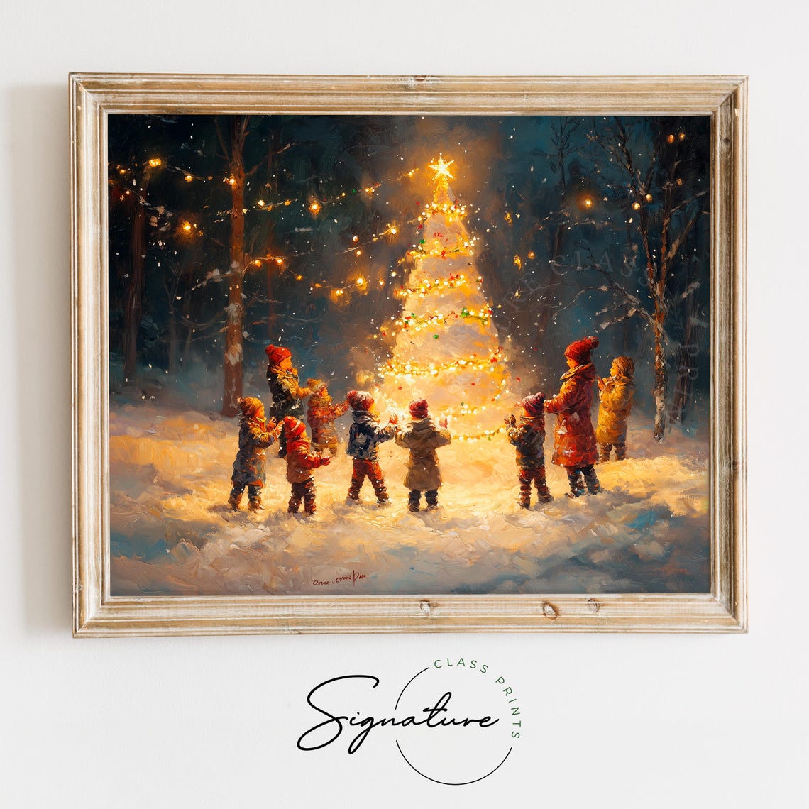 Children Gathering Around A Lit Christmas Tree On A Snowy Night Poster