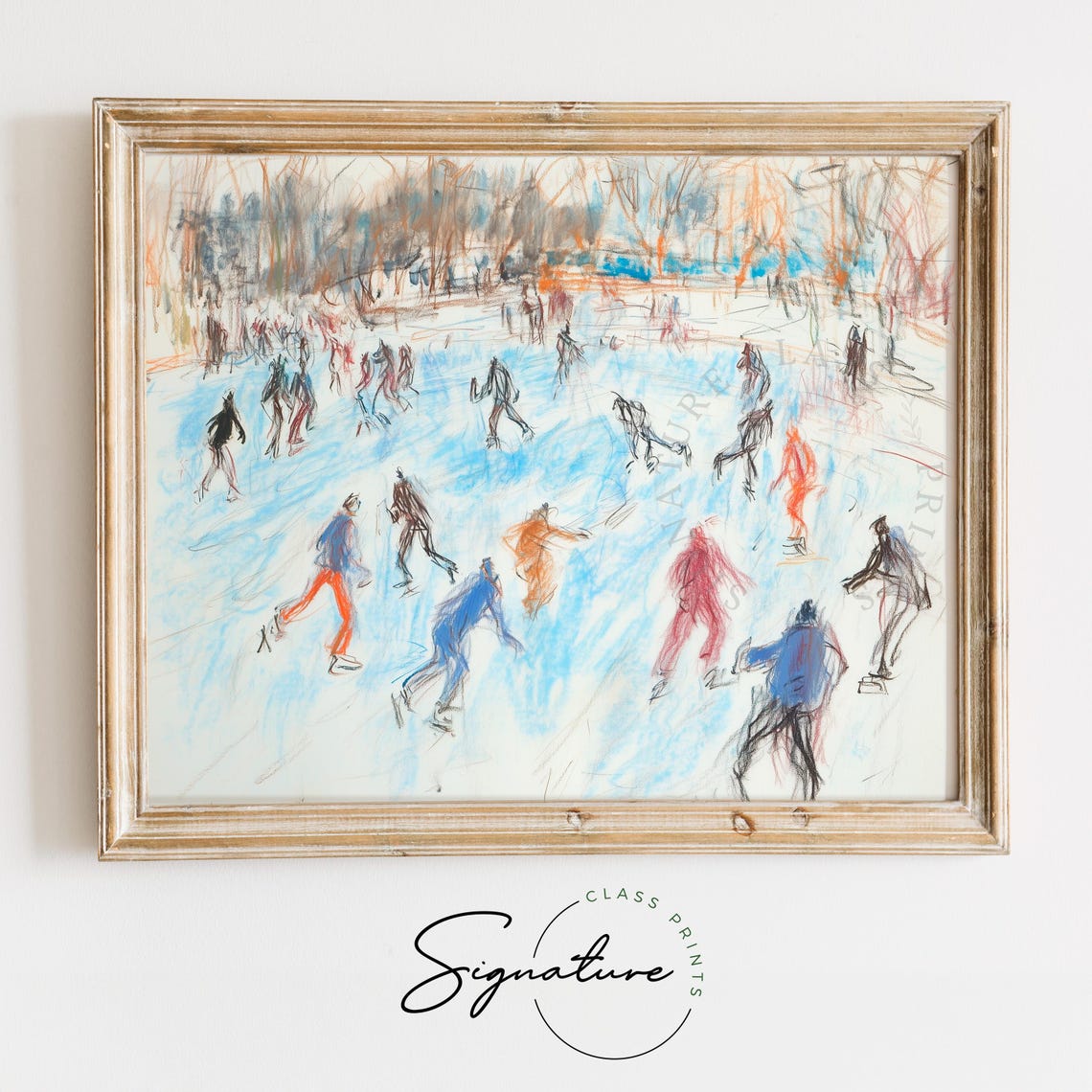 Group Ice Skating On Frozen Pond Loose Sketch Style Winter Poster