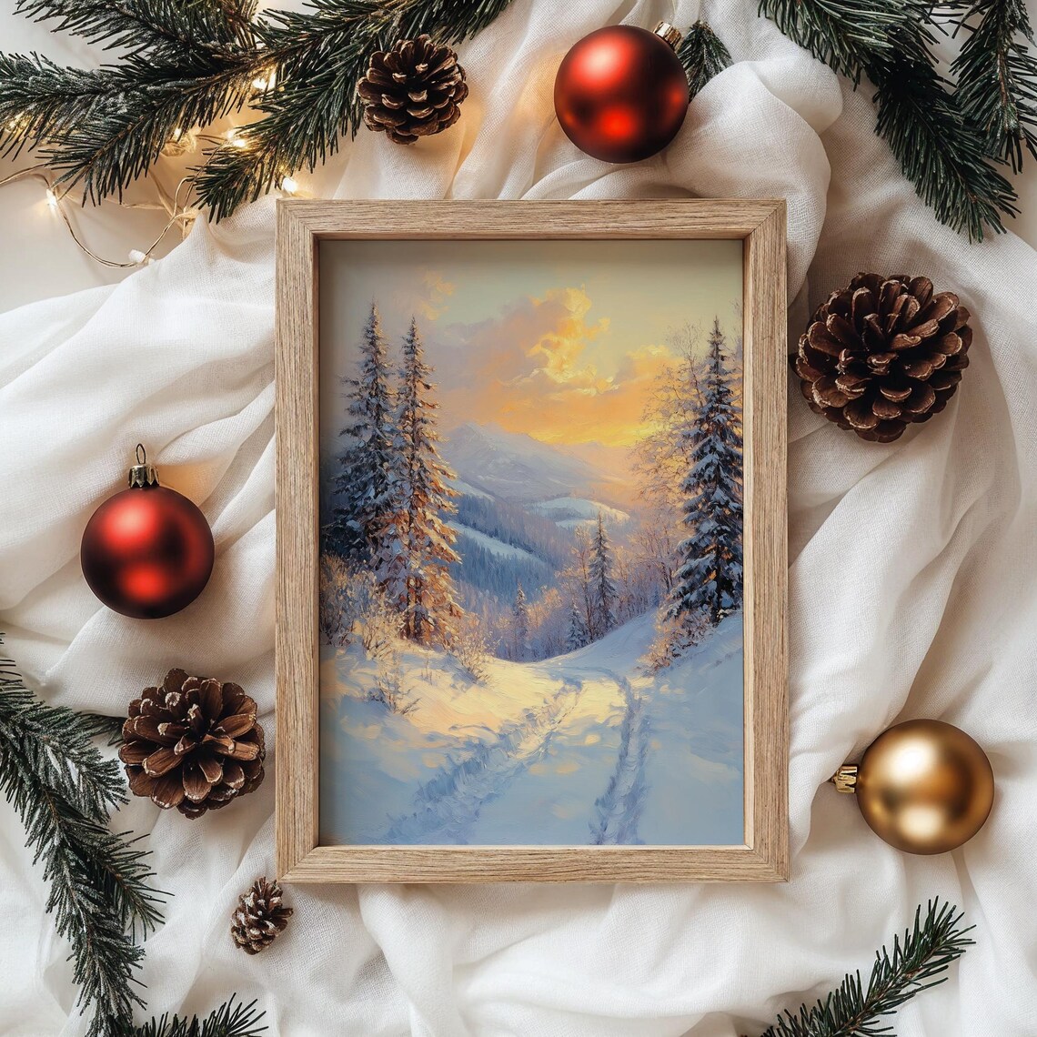 Quiet Winter Path Between Snowy Pines In Soft Sunset Glow Oil Painting Poster - Image 4