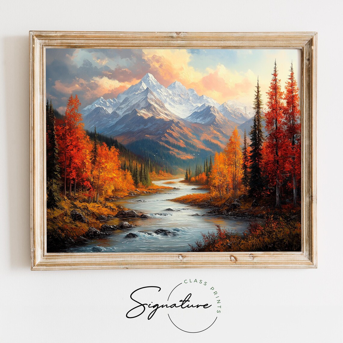 Autumn Mountain River Valley Snow Peaks Oil Painting Landscape Poster