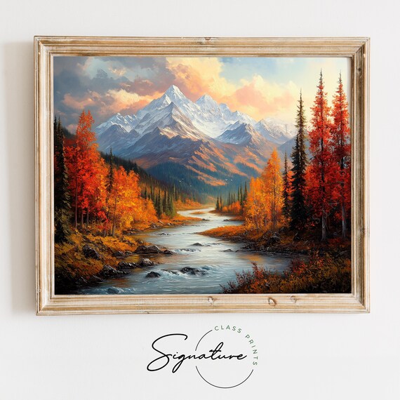 Autumn Mountain River Valley Snow Peaks Oil Painting Landscape Poster
