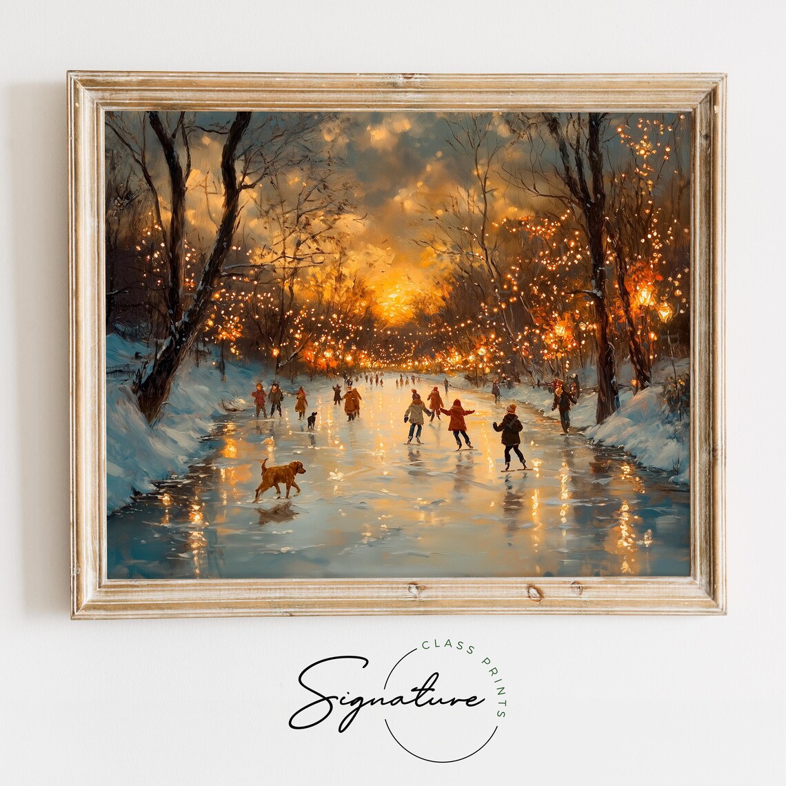 Kids Ice Skating at Golden Sunset on Outdoor Rink with Dogs Poster