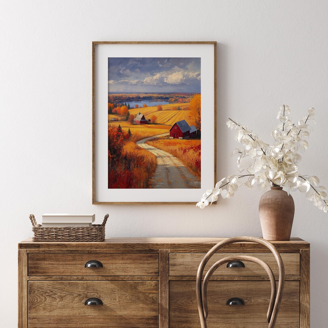 Autumn Farmland Panorama Red Barns Golden Fields Lake View Poster - Image 5