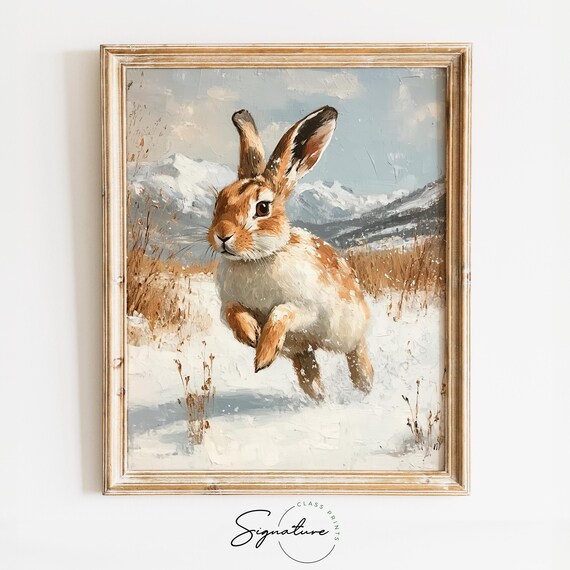 Hare Running Snow Mountain Winter Wildlife Woodland Animal Painting Poster