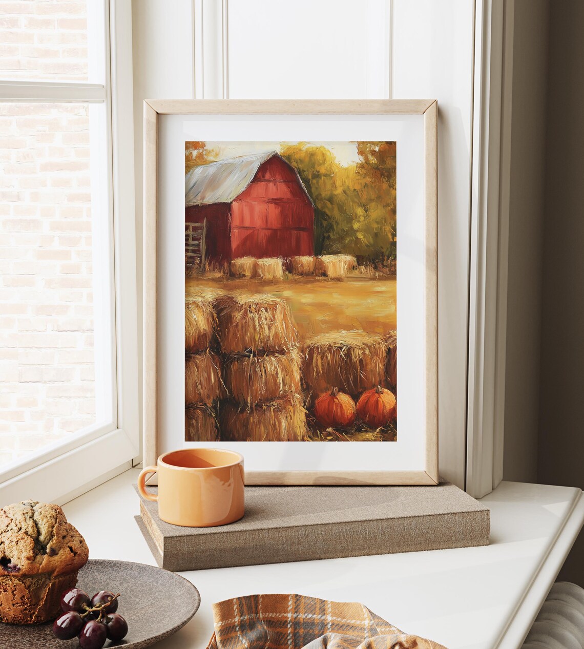 Red Barn Hay Bales Pumpkins Golden Autumn Field Farm Scene Poster - Image 6