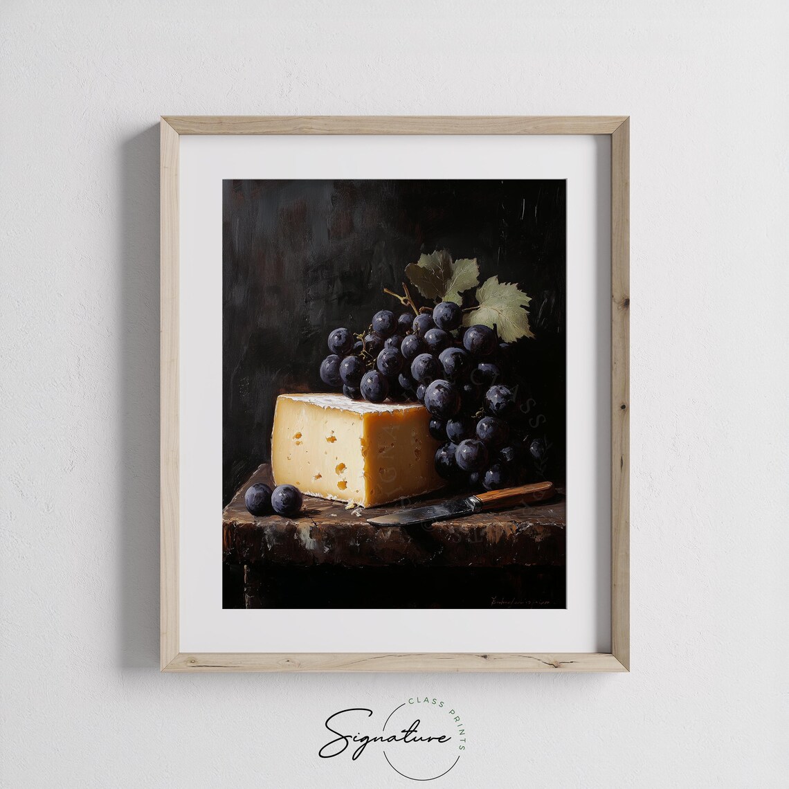 Dark Grapes With Aged Cheese Classic Still Life Oil Painting Poster - Image 3