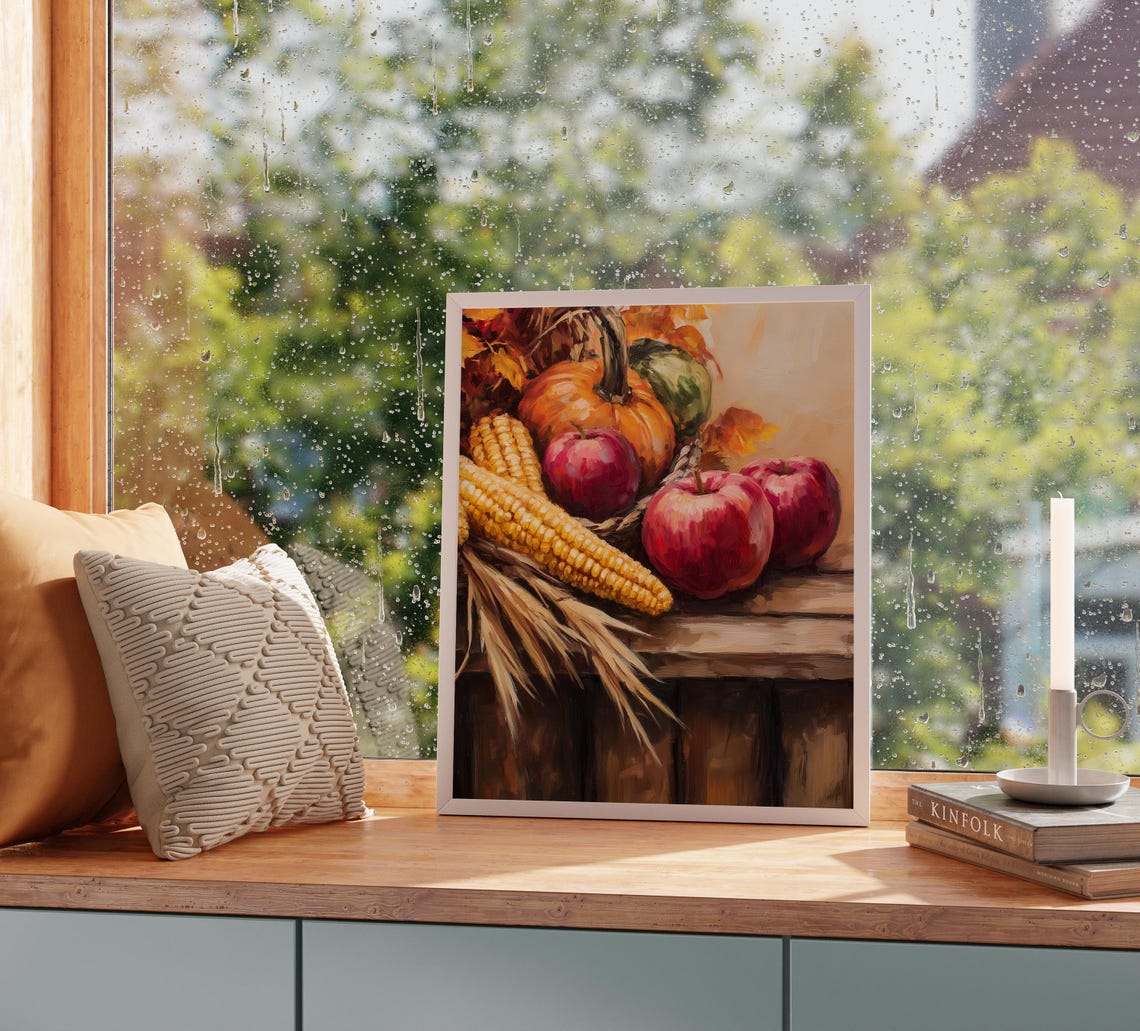 Harvest Still Life With Corn Pumpkins And Apples Autumn Poster - Image 2