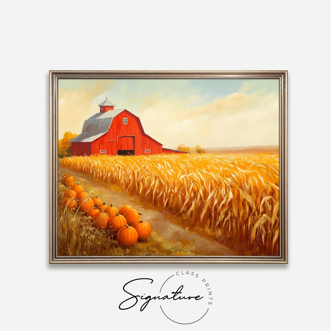 Red Barn Pumpkin Harvest Painting Golden Wheat Field Fall Decor Poster - Image 4