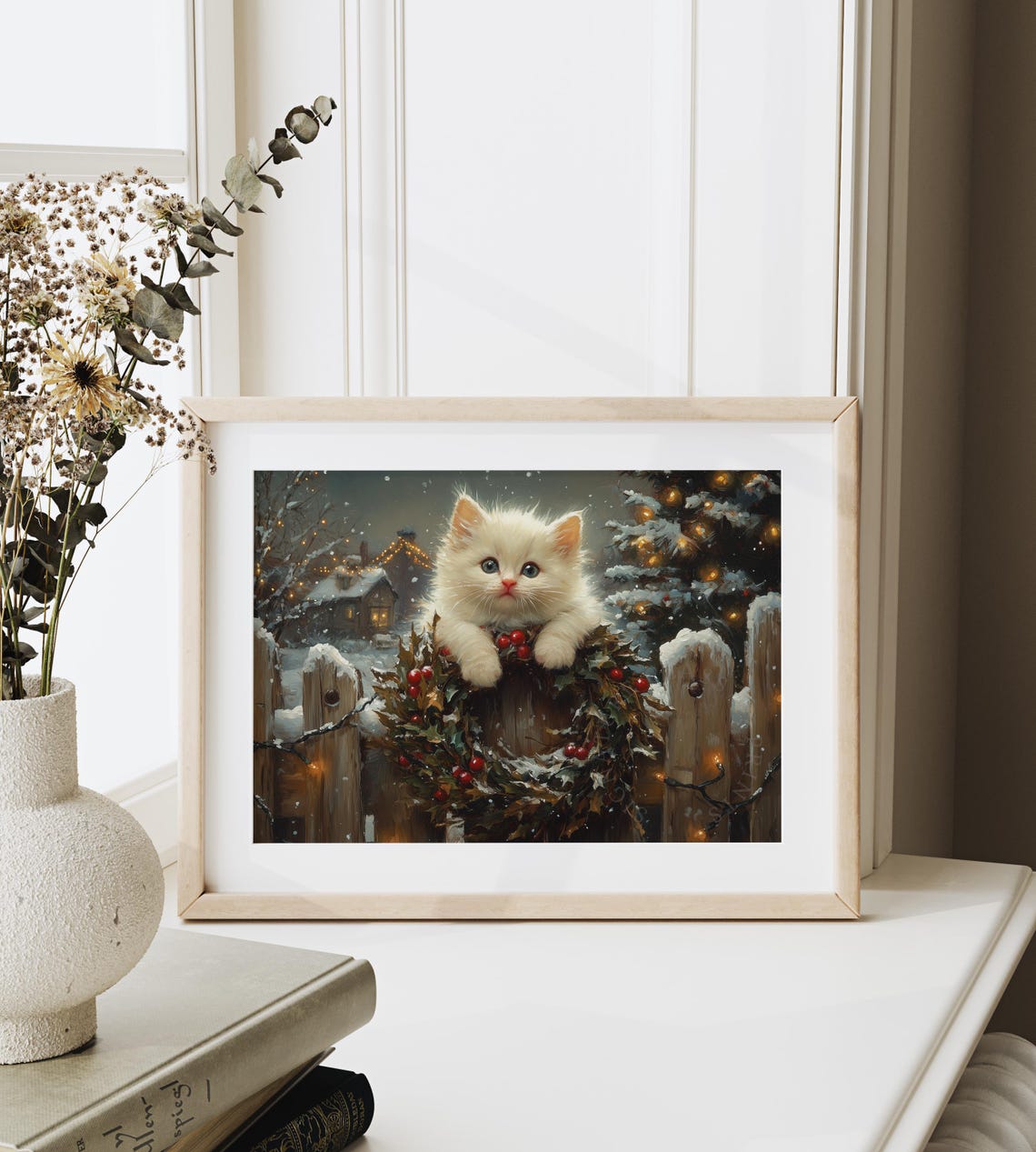 Fluffy White Kitten On A Holly Wreath At Night Winter Christmas Poster - Image 6