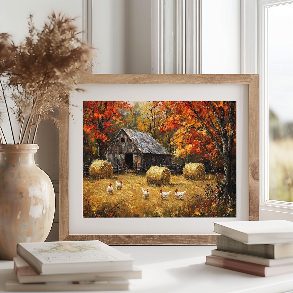 Rustic Barn Chickens Painting Autumn Hay Bales Fall Farm Landscape Poster - Image 2
