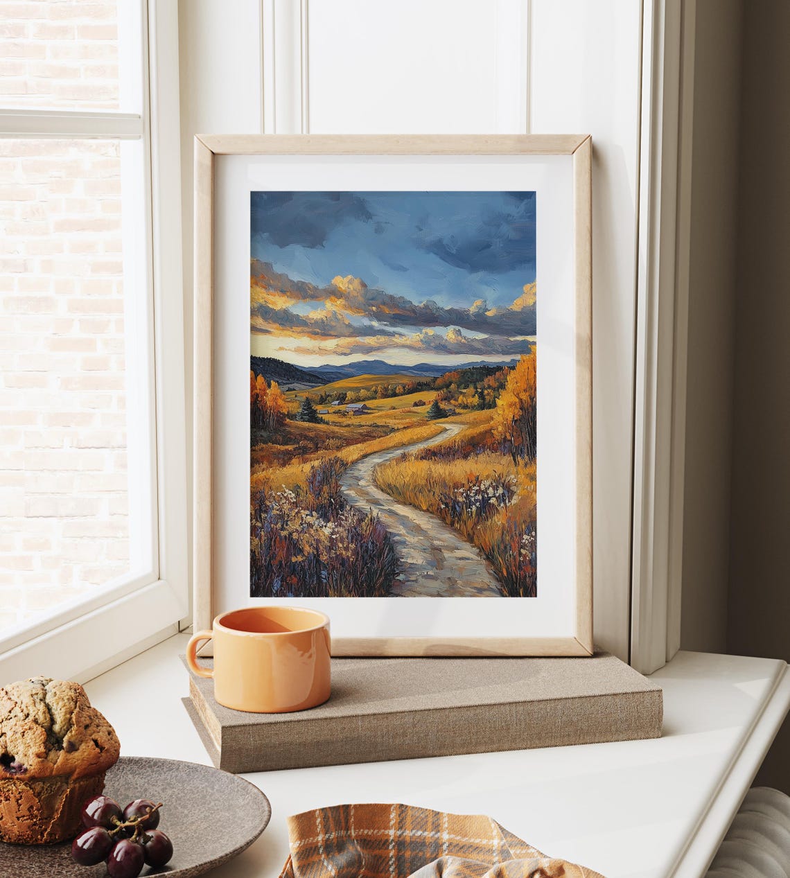 Winding Autumn Path Through Golden Hills Toward Blue Mountains Poster - Image 6