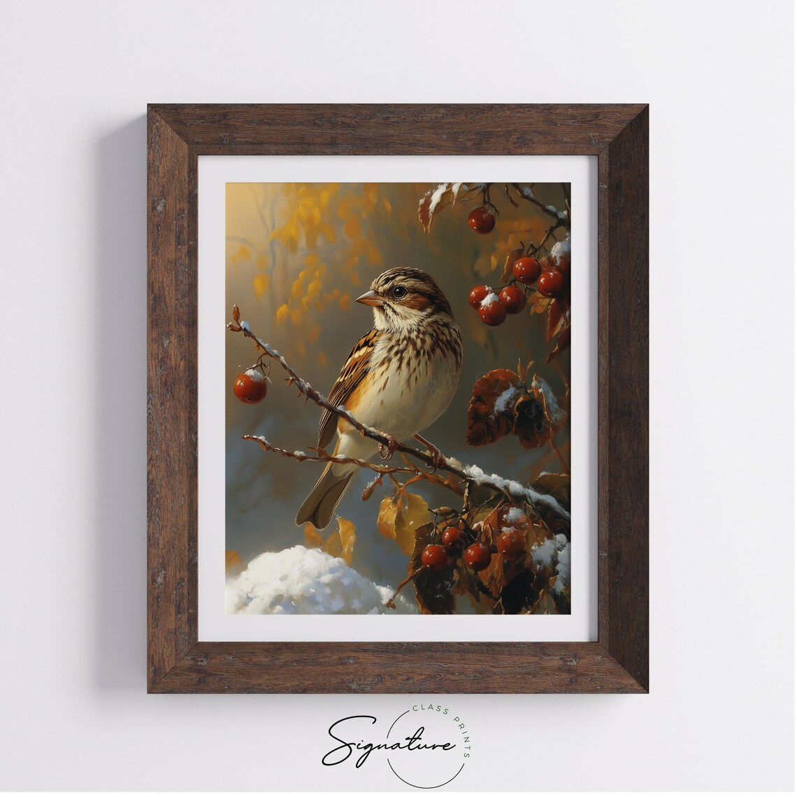 Sparrow on a Snowy Berry Branch With Golden Autumn Leaves Poster - Image 3