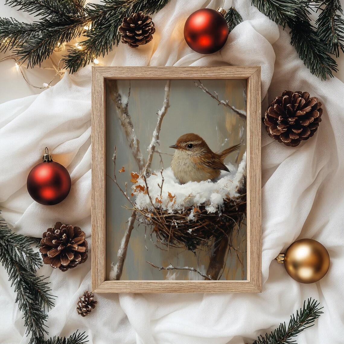 Winter Wren in Snow-Filled Nest Rustic Wildlife Art Print - Image 4
