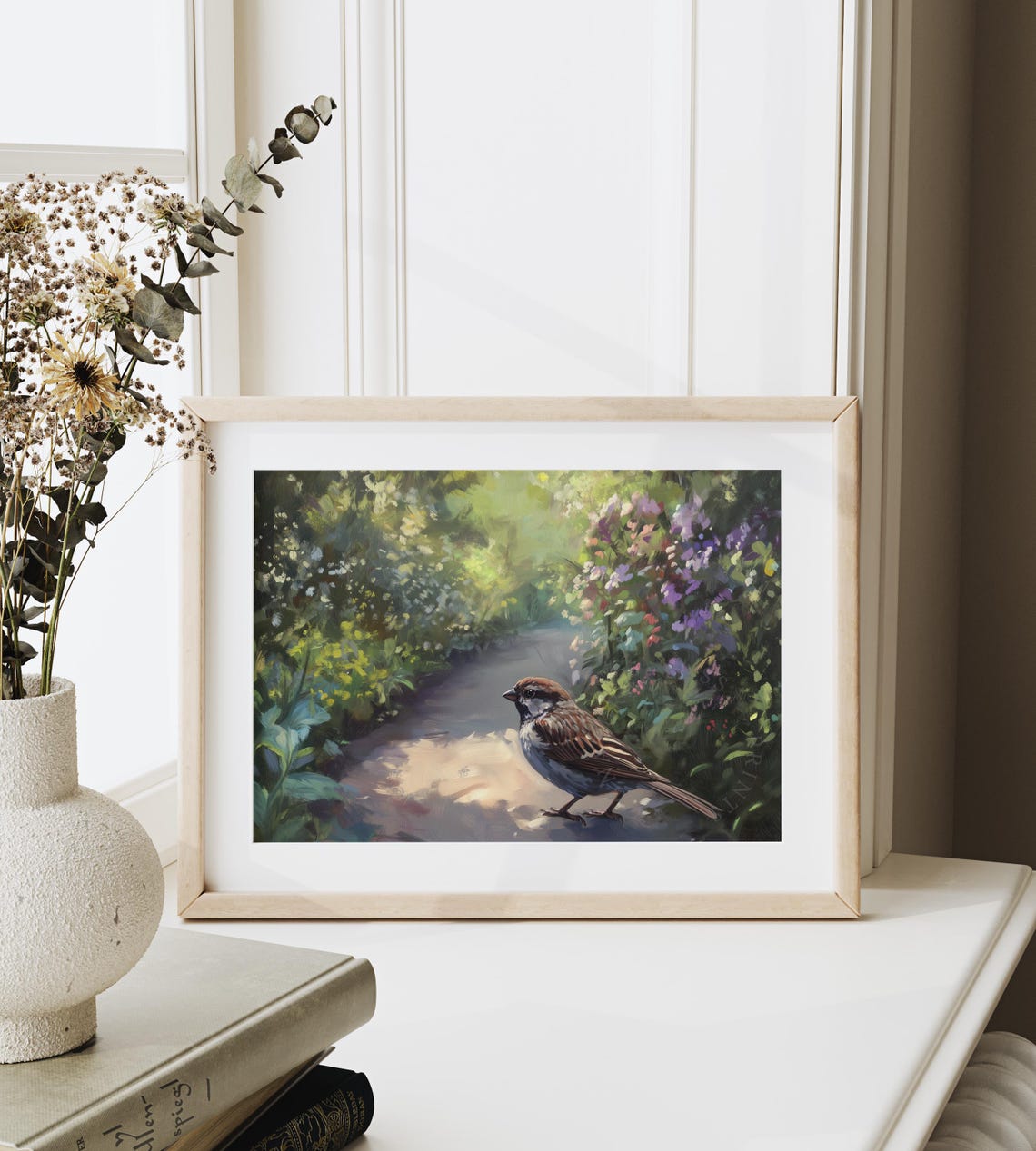 Sparrow Strolling Sunlit Garden Path Summer Wildflower Poster - Image 4