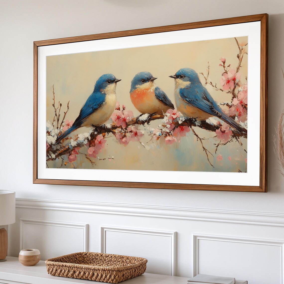 Bluebird Family On Cherry Blossom Branch Soft Cream Backdrop Poster - Image 2